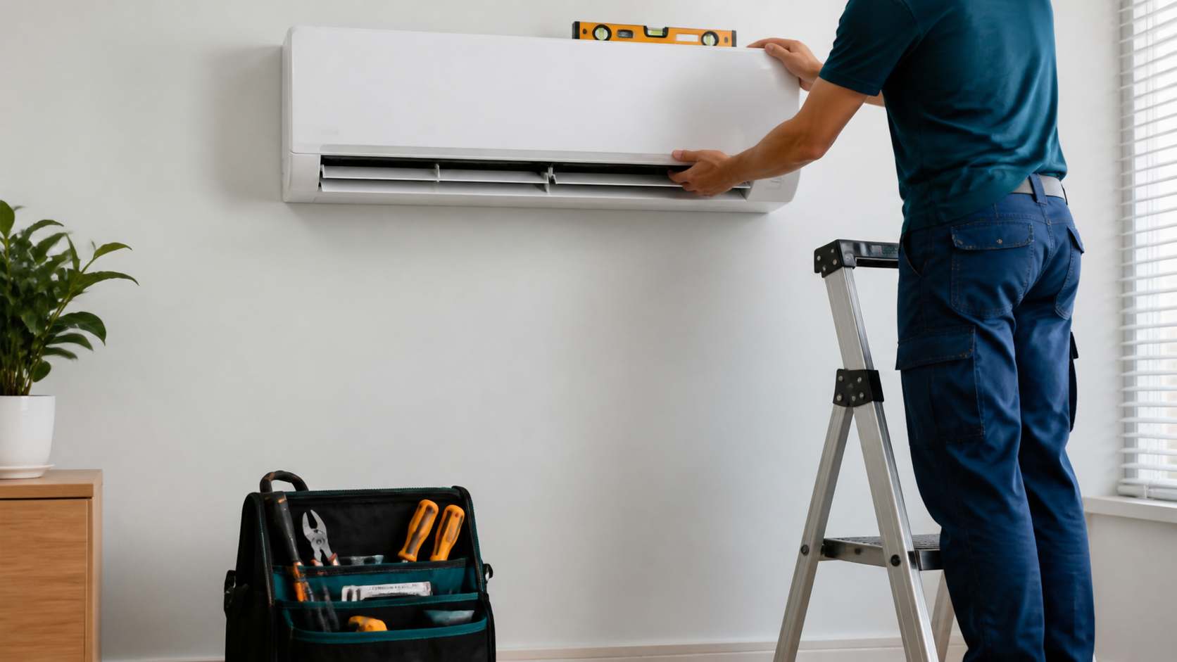 Instalacion de aire acondicionado split con escalera y herramientas