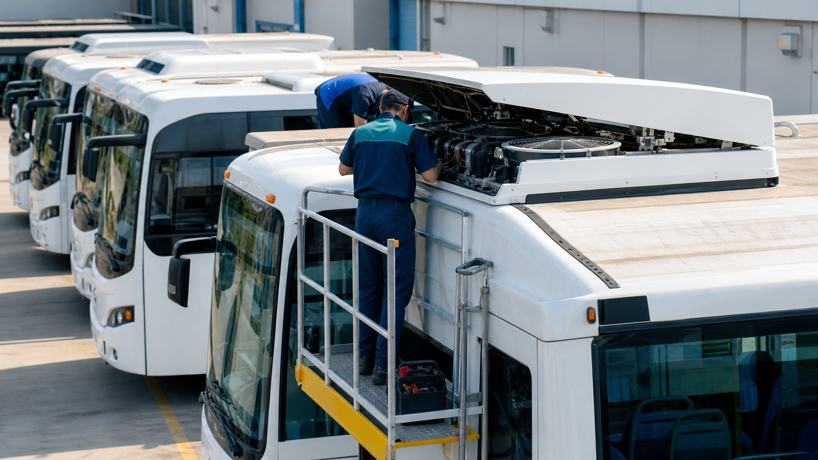 Tecnicos revisando el sistema de aire acondicionado en una flota de buses